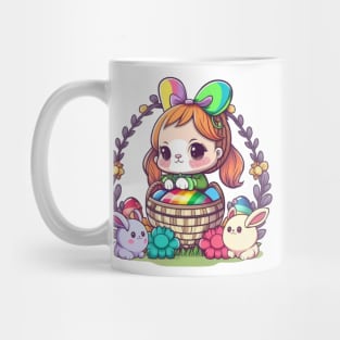 Cute Easter Bunny Girl In Basket. Spring Rainbow Flowers and Easter Eggs Mug